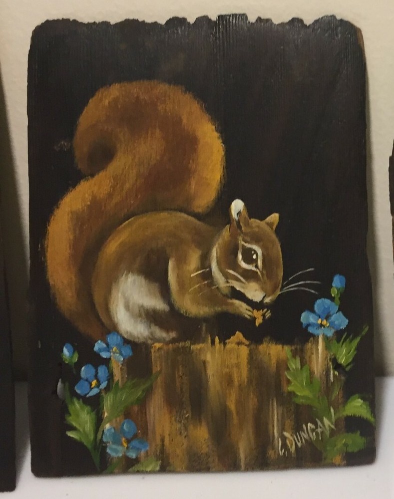 Handpainted Shingle Art -  Squirrel on a Fence, signed