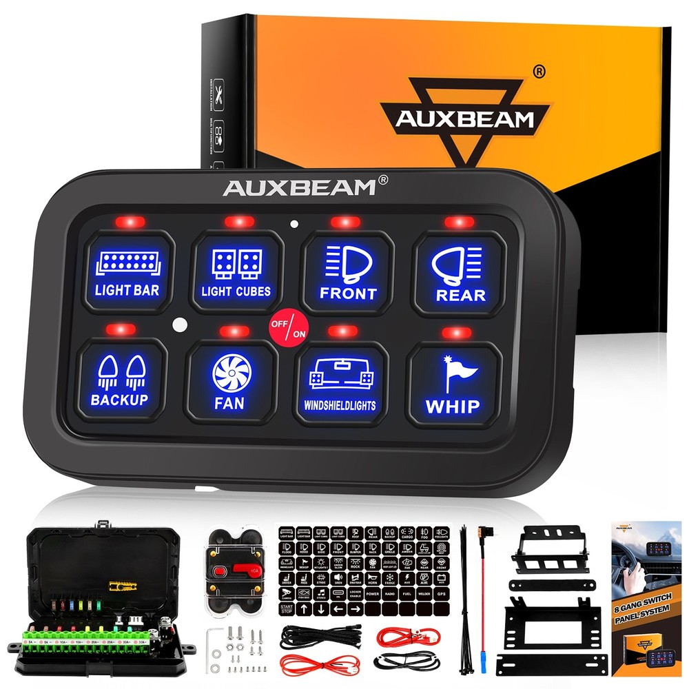 AUXBEAM 8 Gang Switch Panel Relay System On、Off Control Blue Backlit ATV UTV