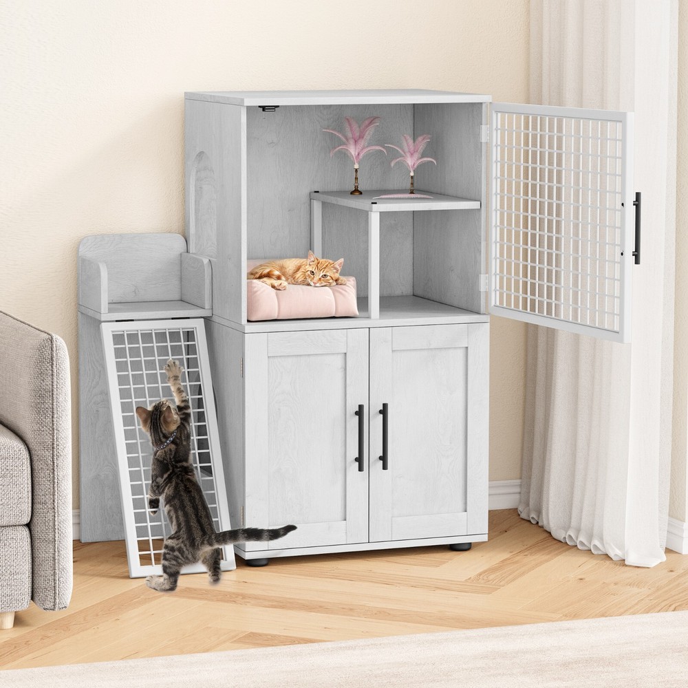 Double Layer Cat Litter Box Enclosure w/Platform & Ladder Indoor White