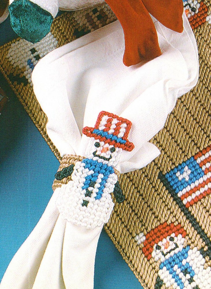 PATRIOTIC SNOWMEN TABLE SET PLACE MAT PLASTIC CANVAS PATTERN INSTRUCTIONS