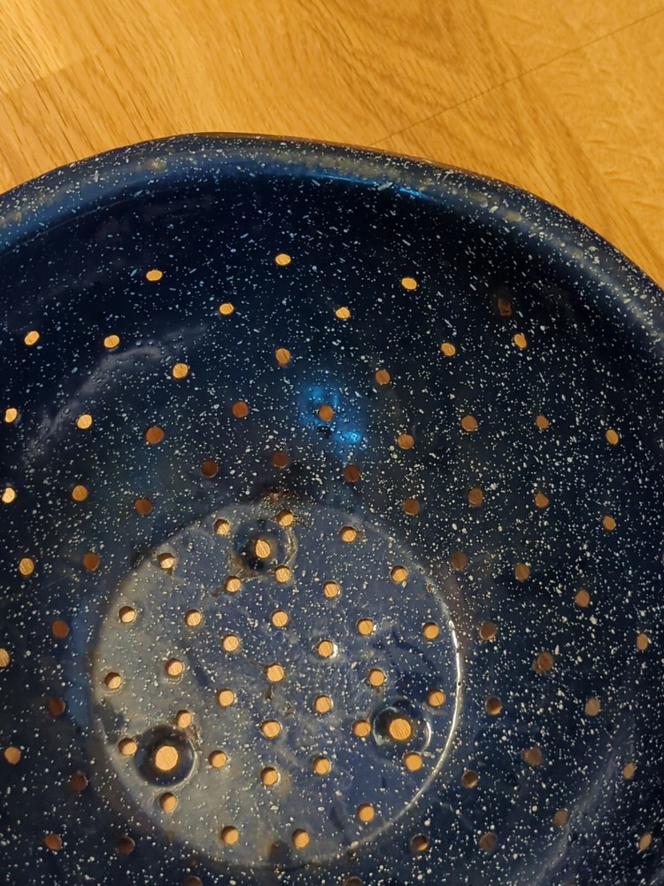 Vintage Enamelware Colander Strainer Blue Speckled 11.5" Round