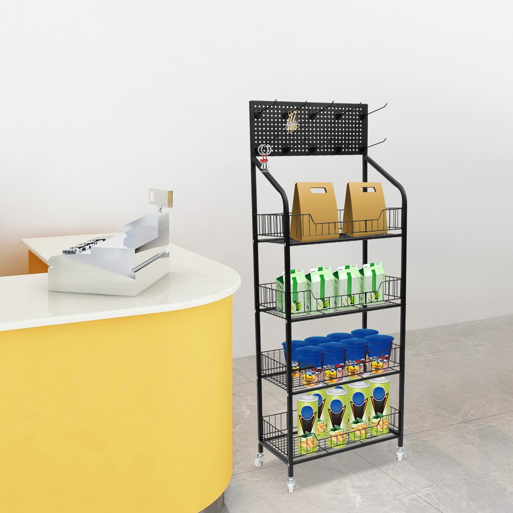 4-Tier Adjustable Rolling Snack Rack with Hanging Board - Freestanding Display