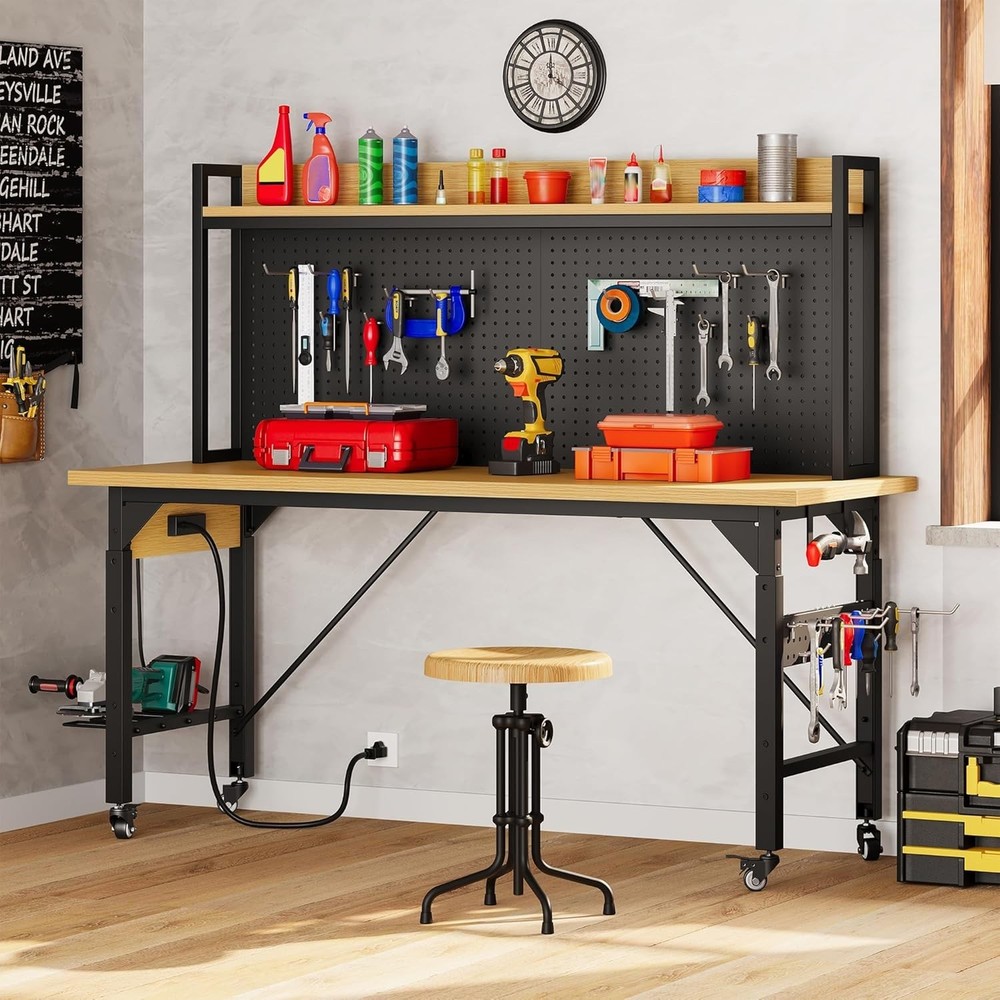 Sturdy 60" Adjustable Workbench with Hooks & Pegboard for Garage, Office & Home