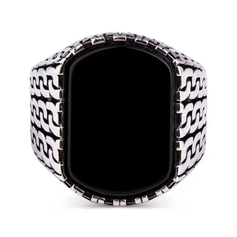 Cushion Shape Gemstone Black Onyx Solid Men's Ring 925 Sterling Silver
