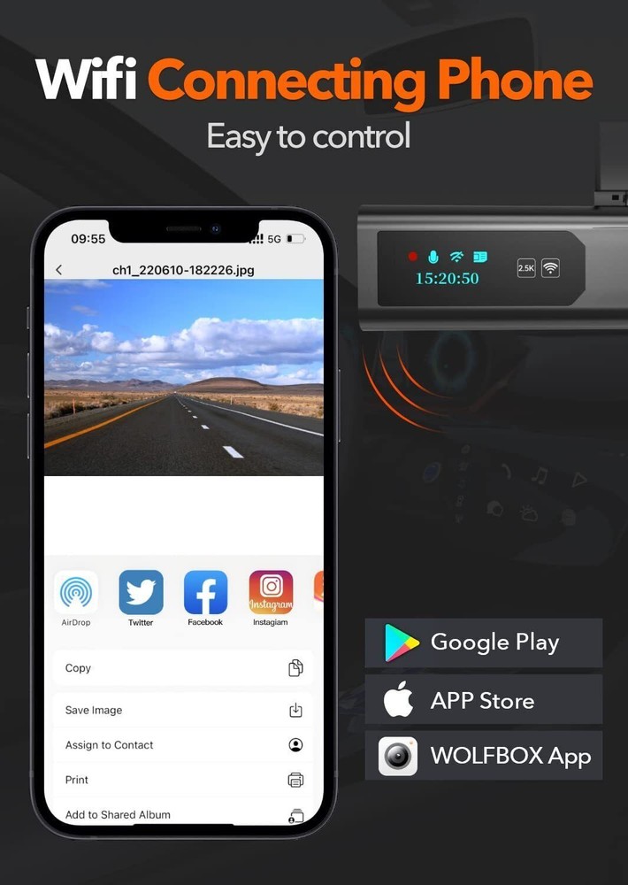 Dash Recording for with Car Camera 2.5K Cam APP Dash i03 Control Loop WOLFBOX
