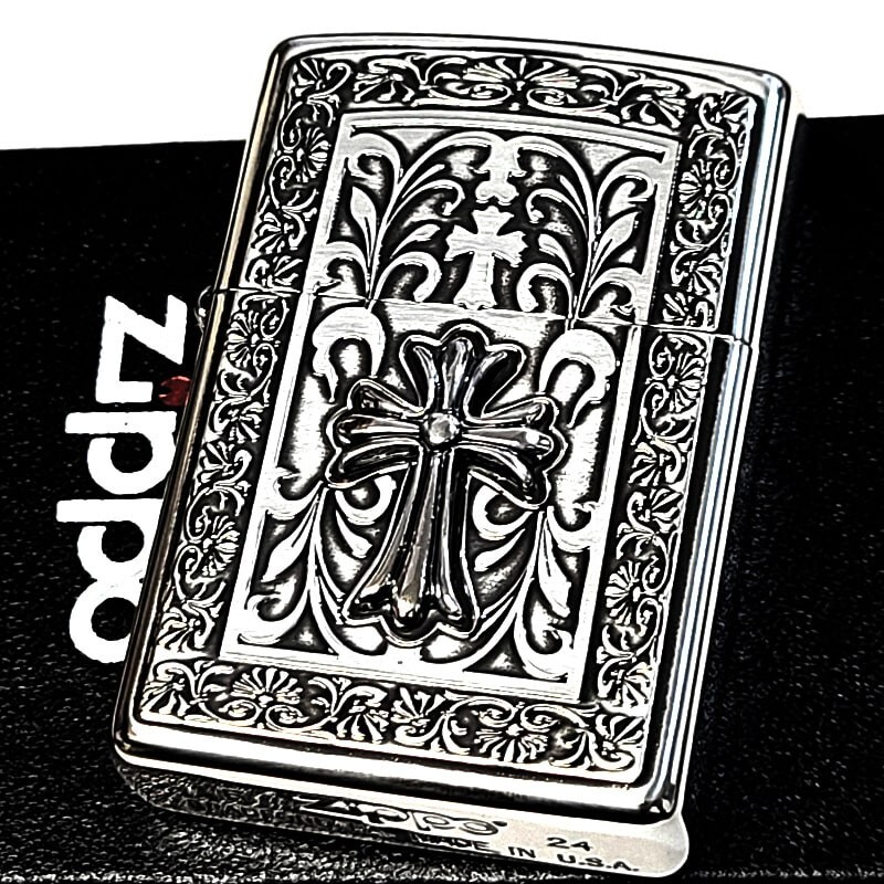 Zippo Solid Frame Metal Cross Arabesque Silver One Sided Processing Lighter