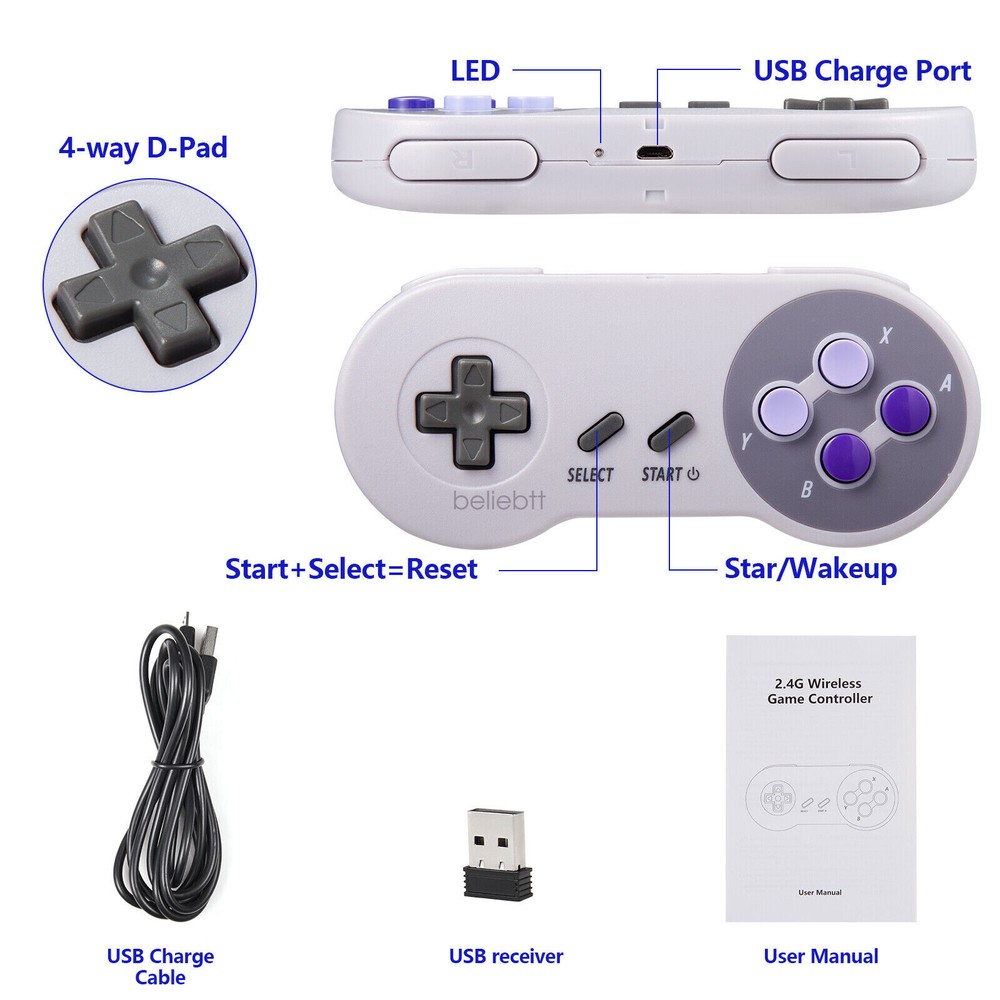 1/2 Wireless SNES USB Super NES Controller Joypad for Mac RetroPie Raspberry Pi