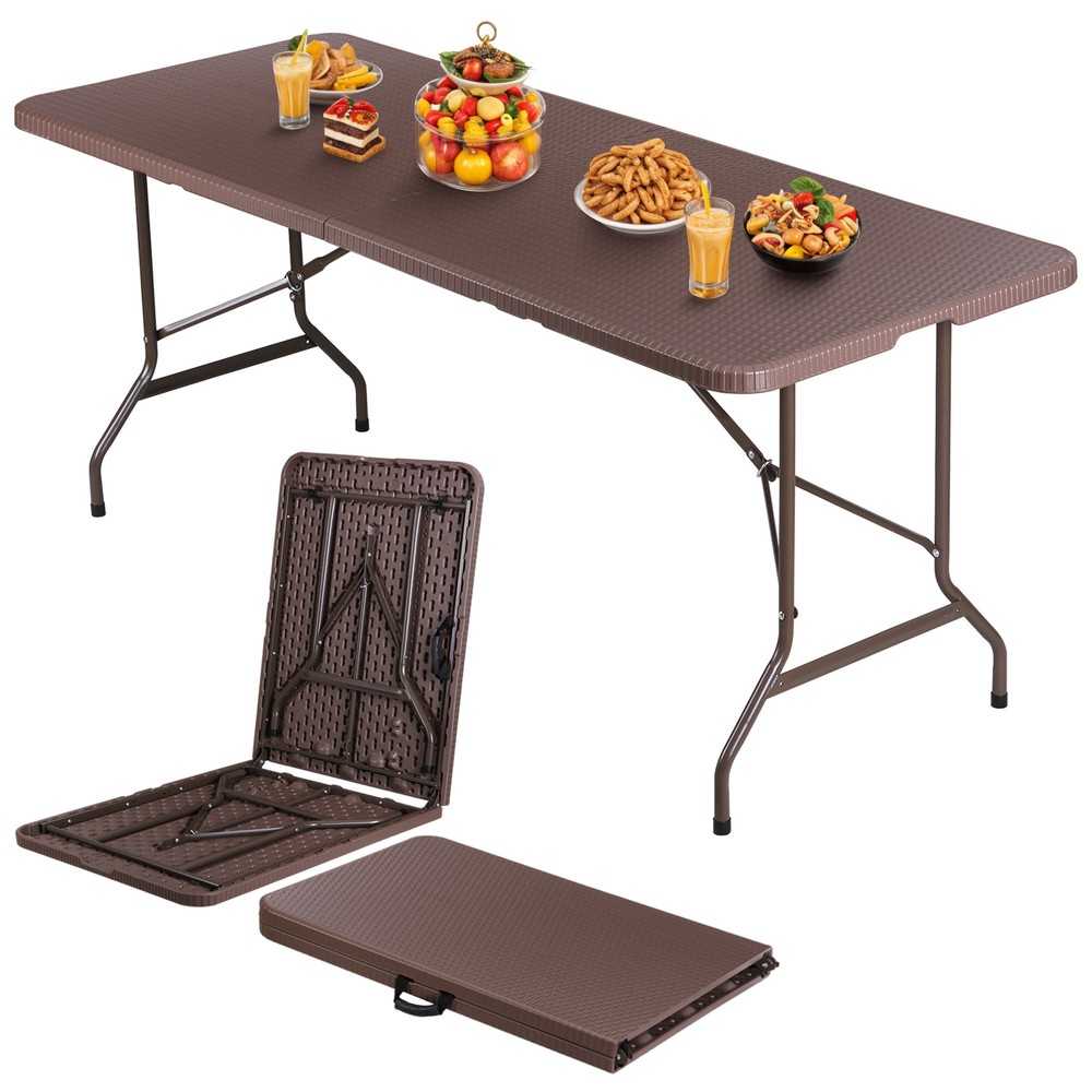 6ft Folding Table Portable Foldable Card Table Fold-in-Half Utility Table Brown