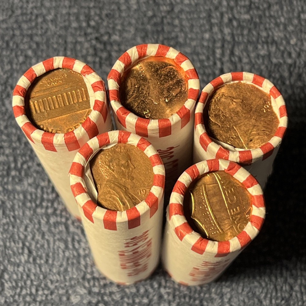 5 Fed Sealed Lincoln Cent Rolls from Bank Boxes Unsearched