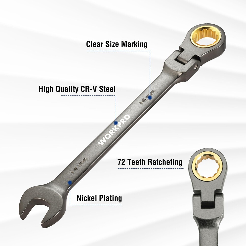 WORKPRO 14mm Flex-Head Ratcheting Combination Wrench, 72-Teeth Cr-V Constructed