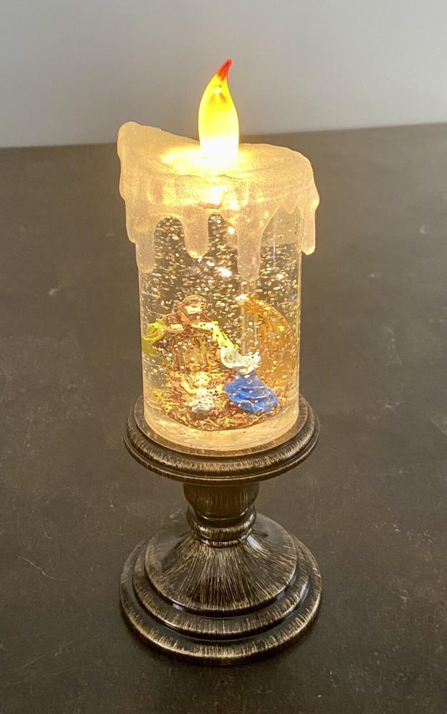 Manger Scene Snow Globe Flickering Candle, Lights Up