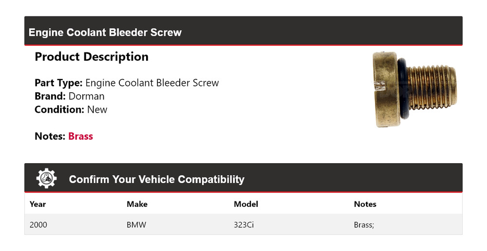 For 2000 BMW 323Ci Dorman Engine Coolant Bleeder Screw