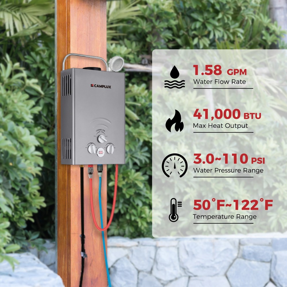 6L Portable Camplux Gas Water Heater On Demand Outdoor Shower for Off-Grid, RV