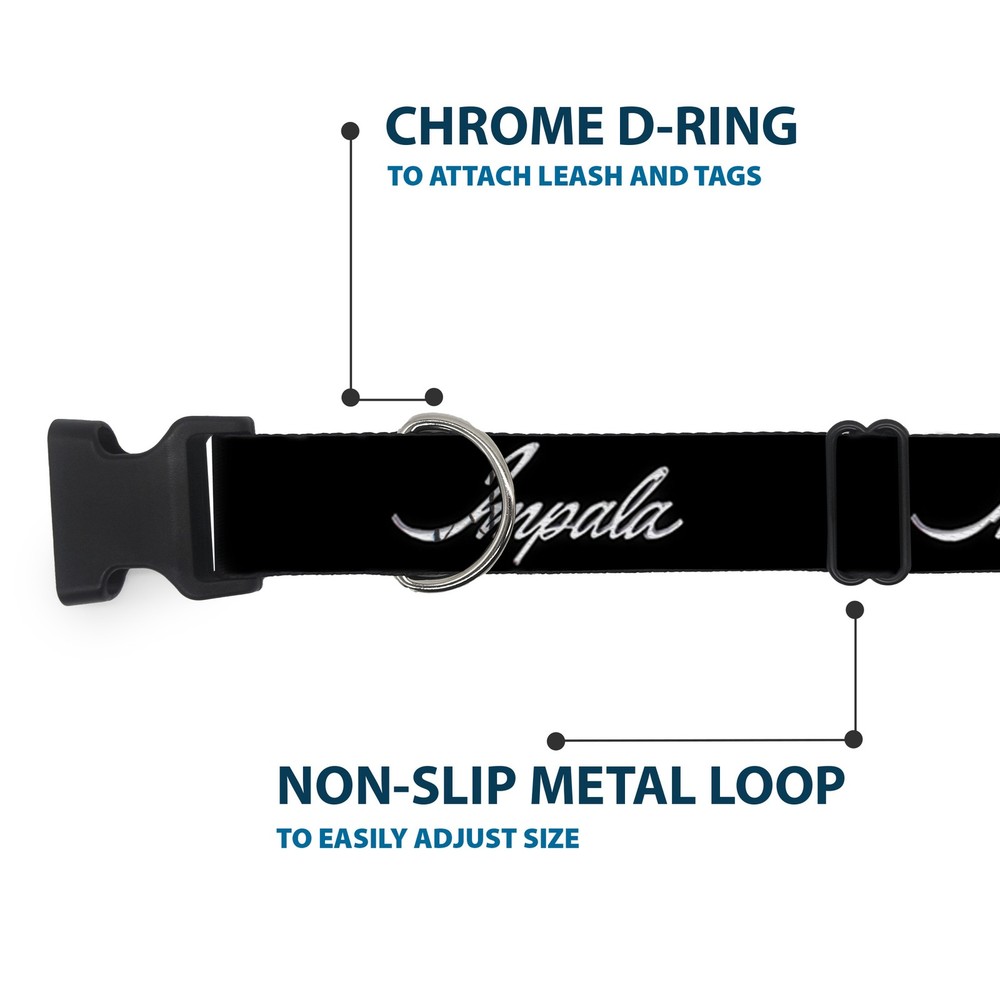 Plastic Clip Collar IMPALA Script Emblem Black/Silver NARROW-Medium 8.5-12"