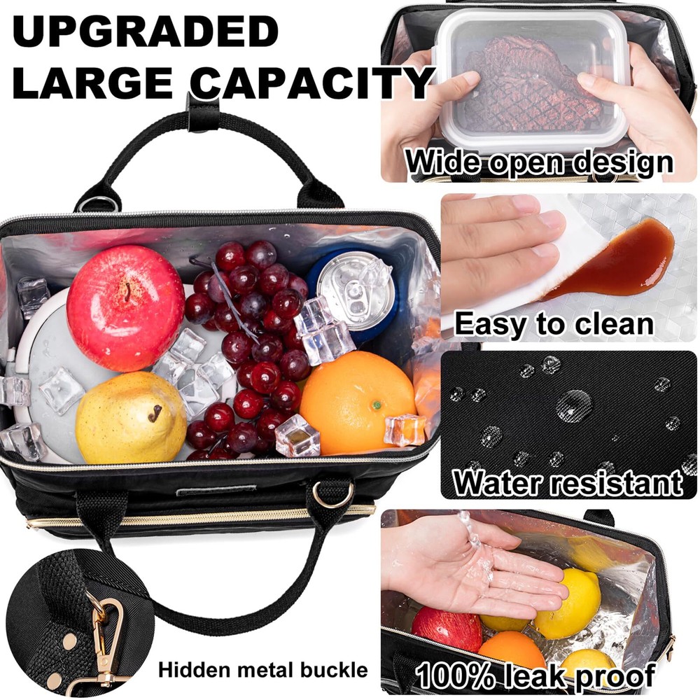 Large Insulated Lunch Bag for Work with Side Pockets & Strap Black