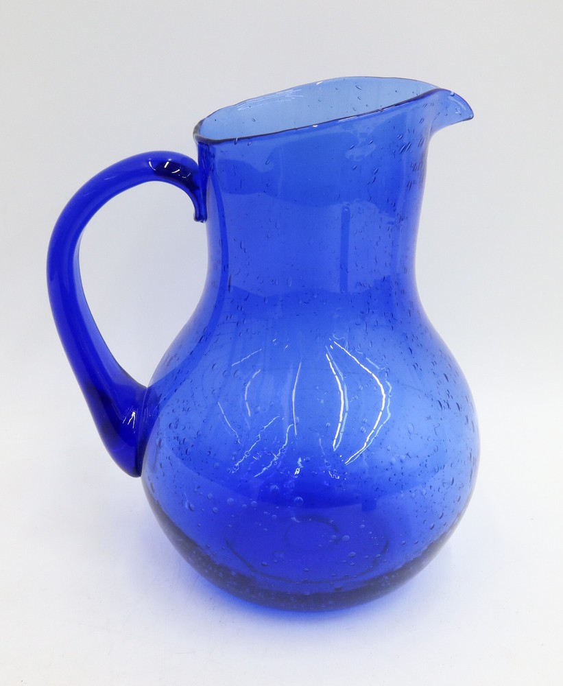 French Blown Cobalt Blue Controlled Bubble Pitcher 20th Century