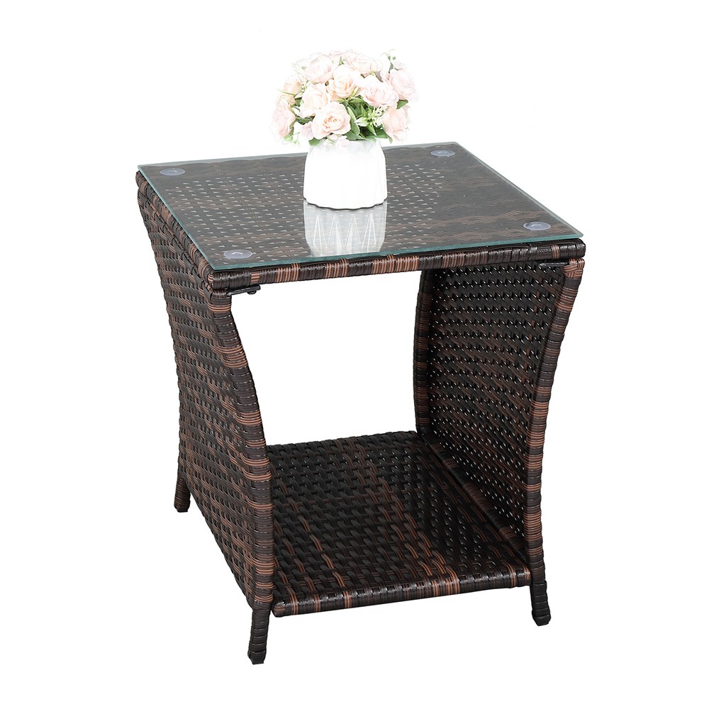 Glass Surface Brown Gradient Iron Frame Rattan Side Table,free ship