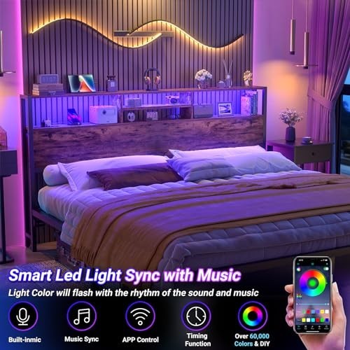 King Size Headboard with Storage, USB Ports, LED Light, Height Adjustable, Rusti