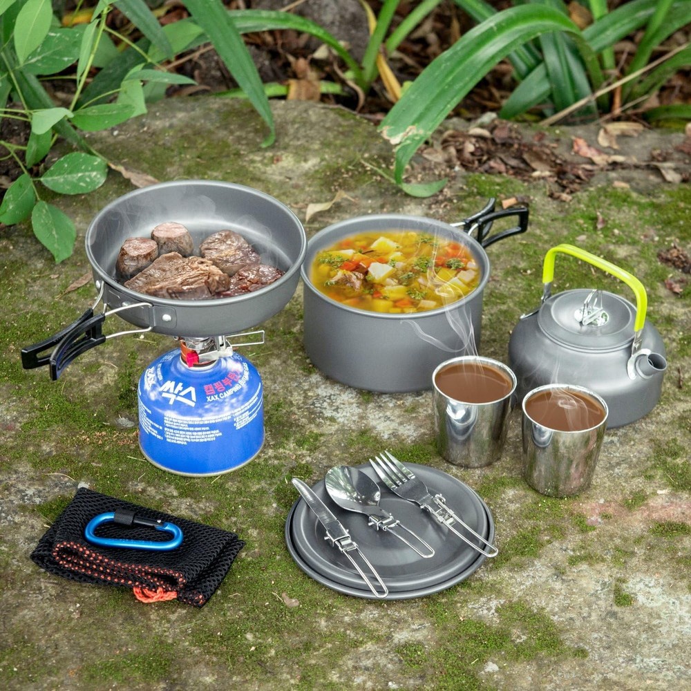 Odoland Camping Cookware Mess Kit, Lightweight Pot Pan Kettle with 2 Cups, Fork