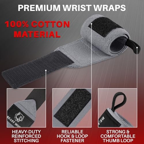 Weightlifting Wrist Wraps with Thumb Loop – Gray – Beast Mode – 12 inch –