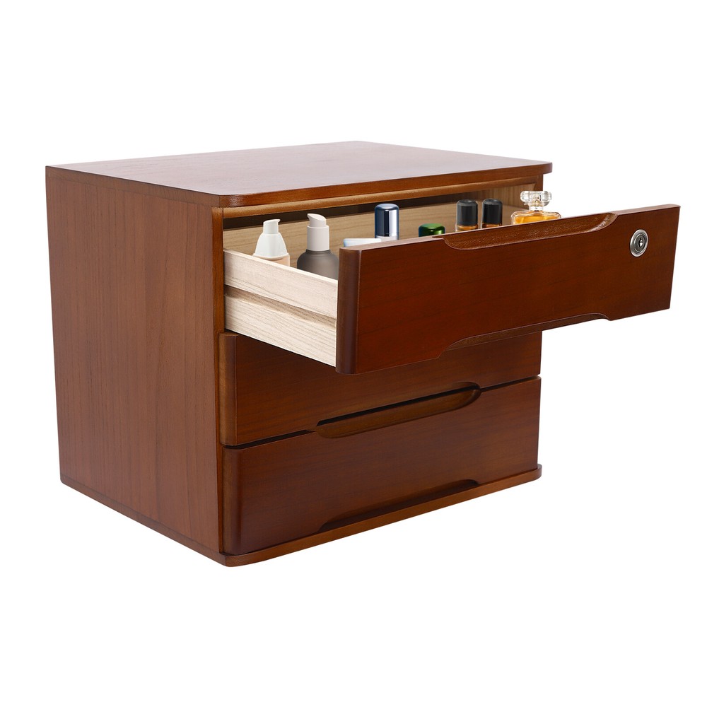 3-Tier File Cabinet Organizer Walnut Desktop Storage Box with Lockable 3 Drawers