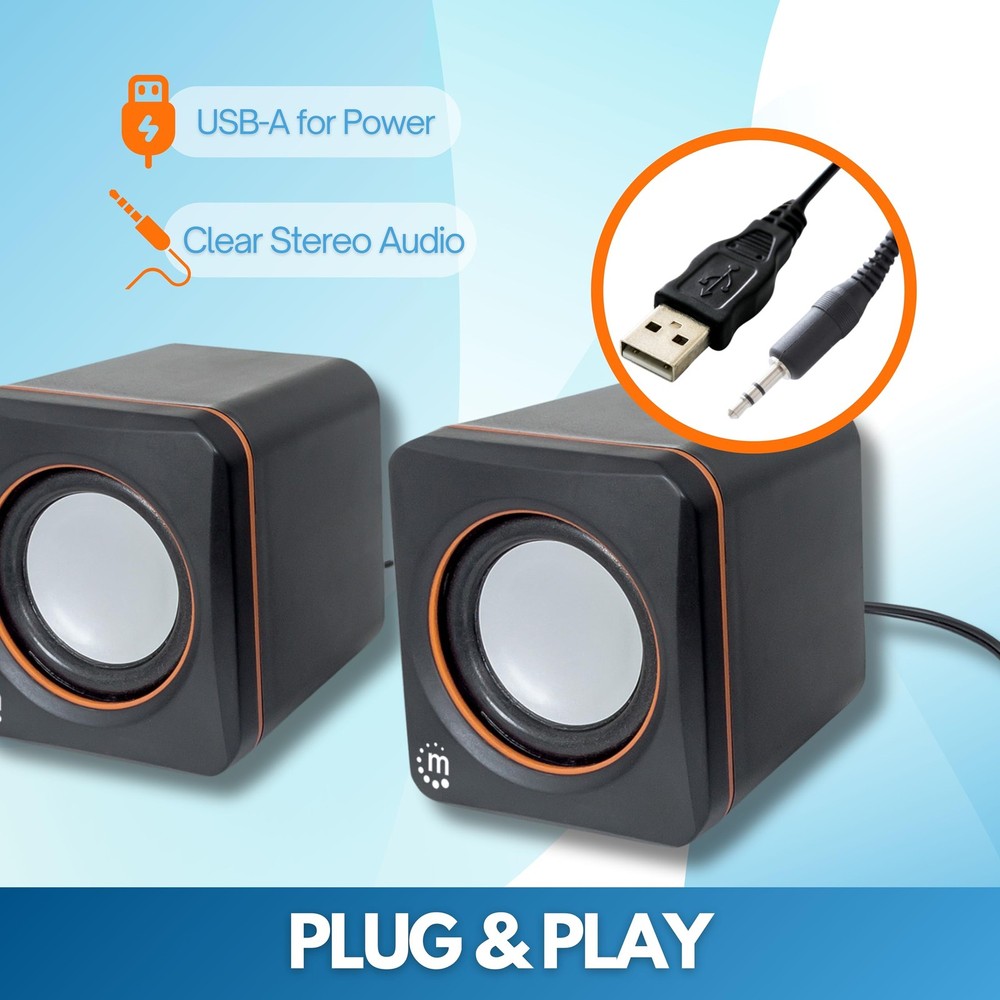Manhattan USB Powered Stereo Speaker System - Small Size - 2", Black Orange