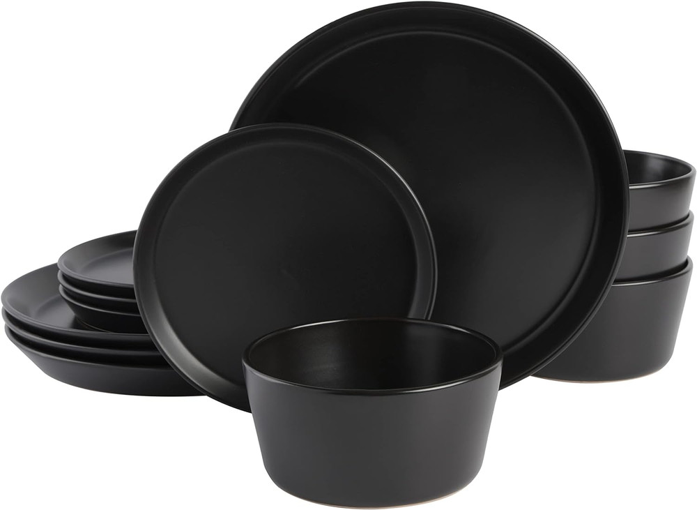 Sofia Coupe 12-Piece Stoneware Dinnerware Set, Service for 4 – Black Plates and