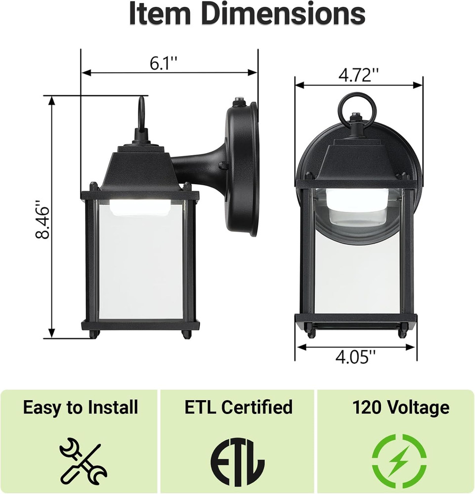Dusk to Dawn LED Wall Lanterns, 800 Lumen, Black, 2-Pack