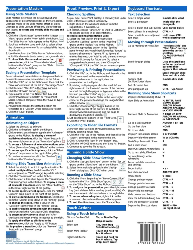 PowerPoint 2016 Training Guide Quick Reference Card 4 Page Cheat Sheet Help