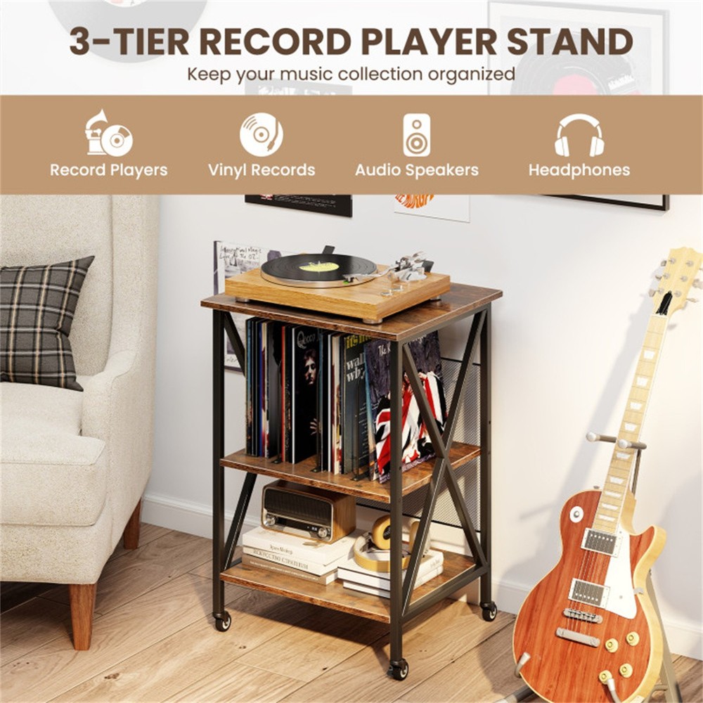 Record Player Stand with Charging Station 3-Tier Adjustable Rolling Vinyl Shelf