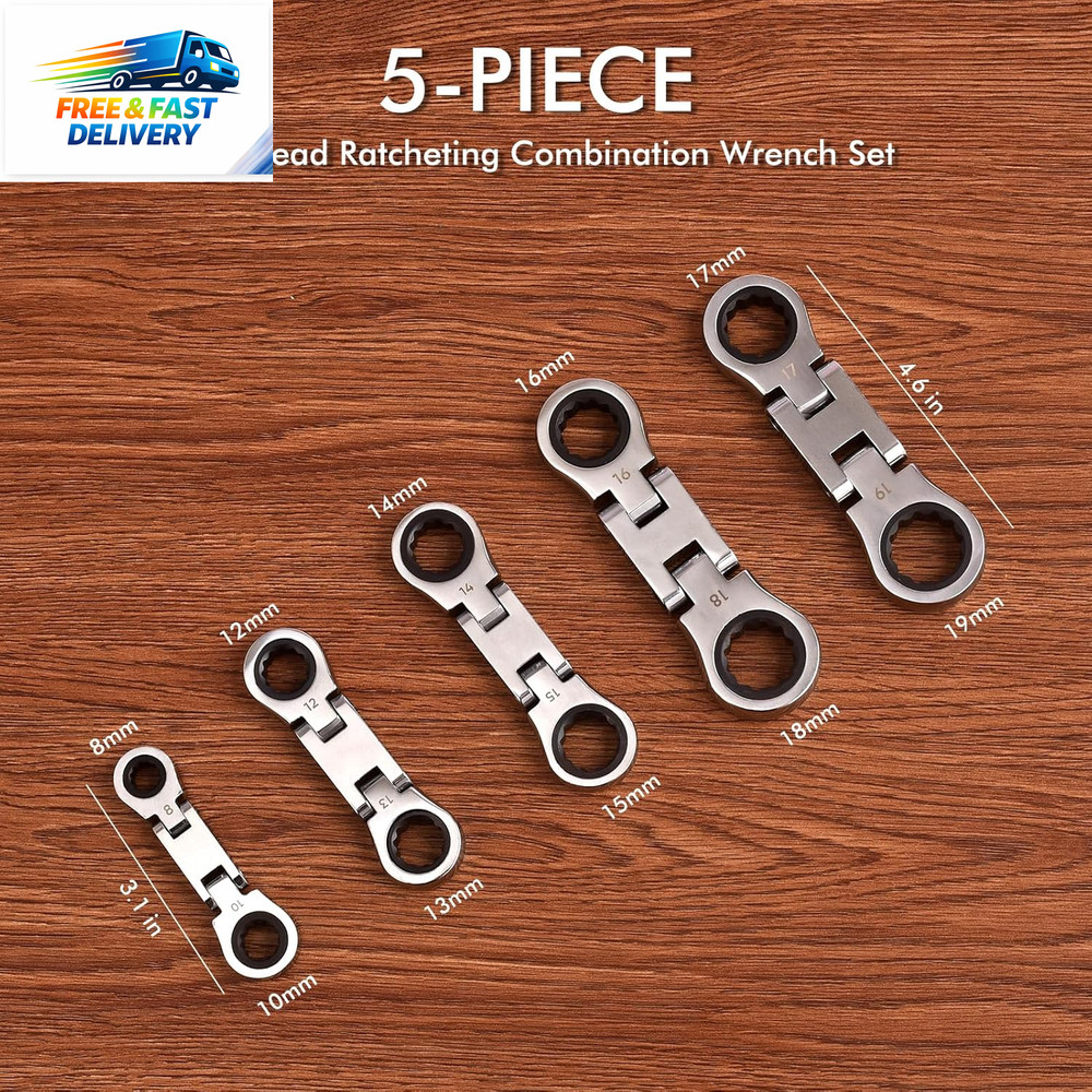 Stubby Wrenches Set, 72-Tooth Flex Head Ratcheting Wrench Set, Compact Double Bo