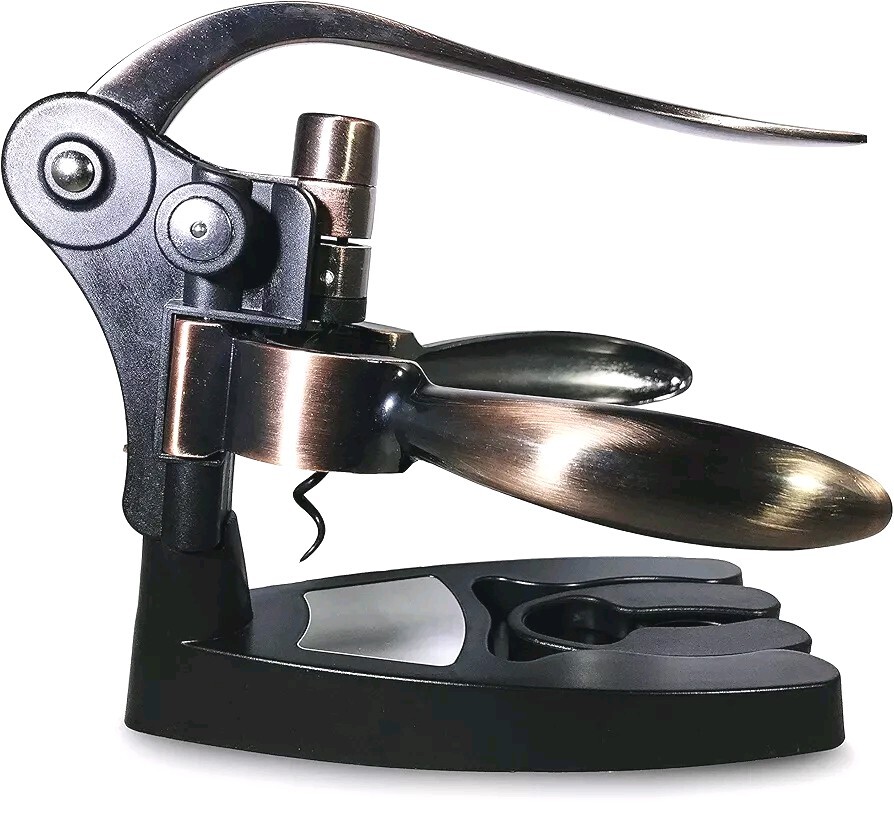 Wine Bottle Corkscrew Ergonomic Handle +Spare Coil, Foil Remover, & Stand BRONZE