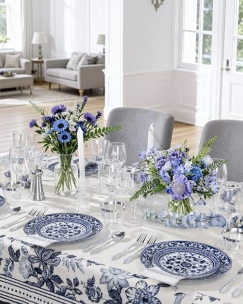 175PCS Blue Plastic Plates - Floral Disposable Dinnerware Set White and Blue