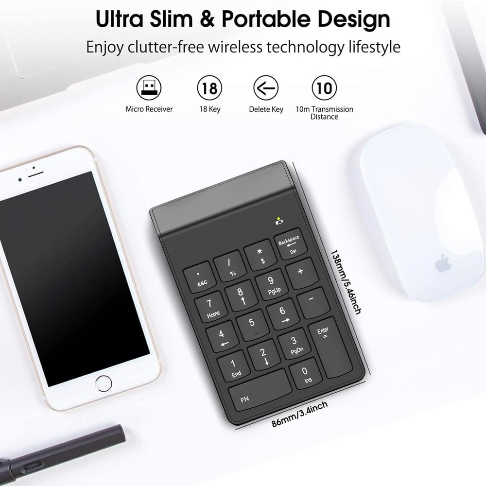 Wireless Number Pad, Numeric Keypad, Numpad Keyboard 10 Key USB Keypad for La...