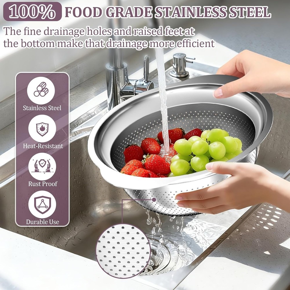 Stainless Steel Colander - 3QT Medium Capacity Strainer with Handle, Kitchen Foo
