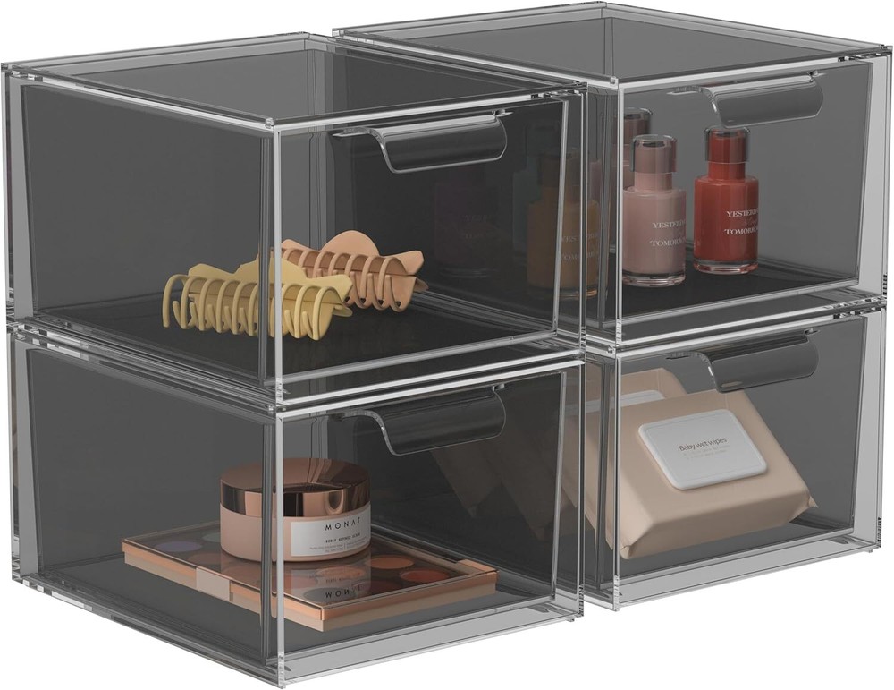 4 Pack Stackable Makeup Organizer and Storage, Acrylic 4 Pack, Black