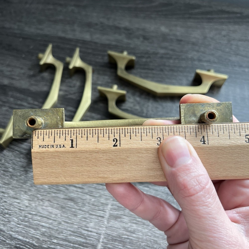 Set Of 6 Vintage Geometric Brass Angular Cabinet Pulls 4-1/16”CC