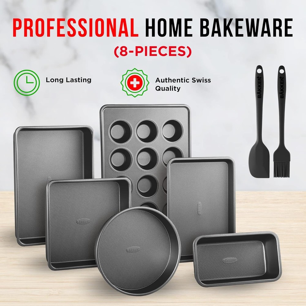 8-piece Bakeware Set – Non-stick, Professional, Multi-sized, Black.