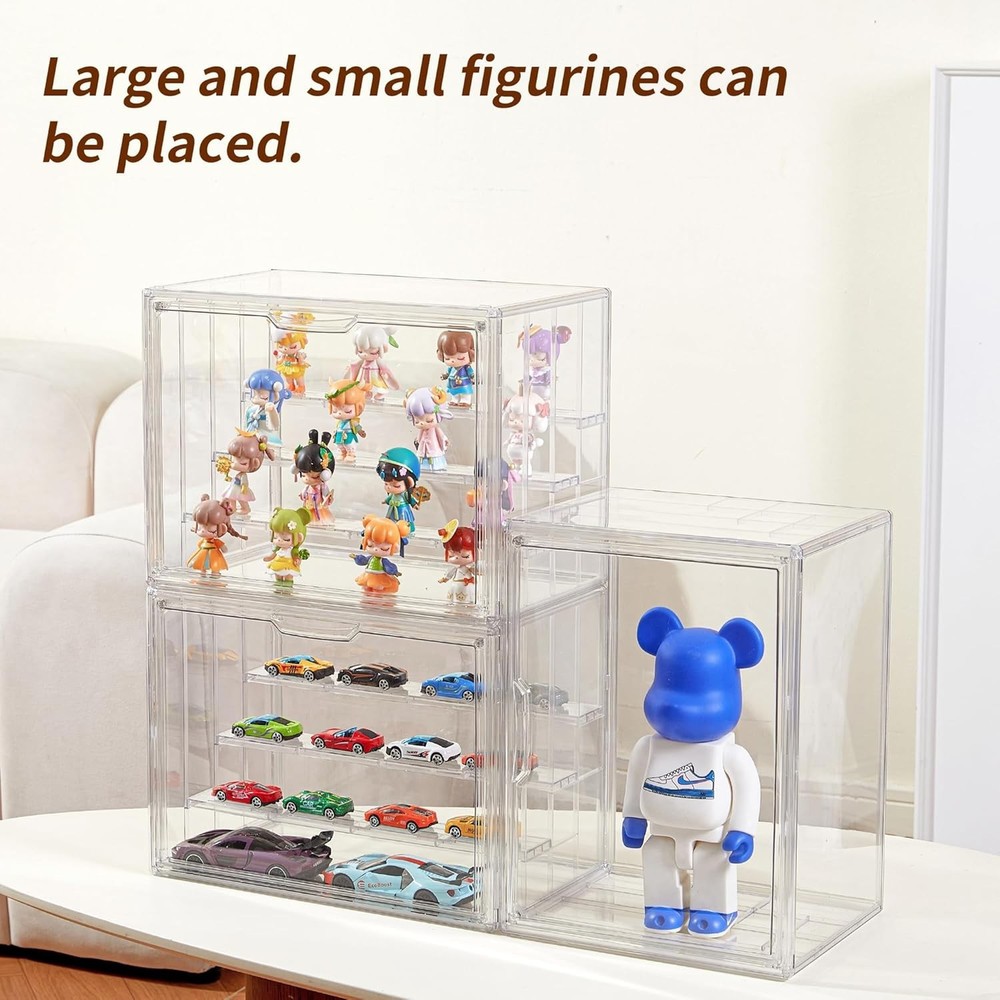 Adjustable Acrylic Display Case 3 Pack, 4-Layer, Magnetic Door, Stackable, Hobby