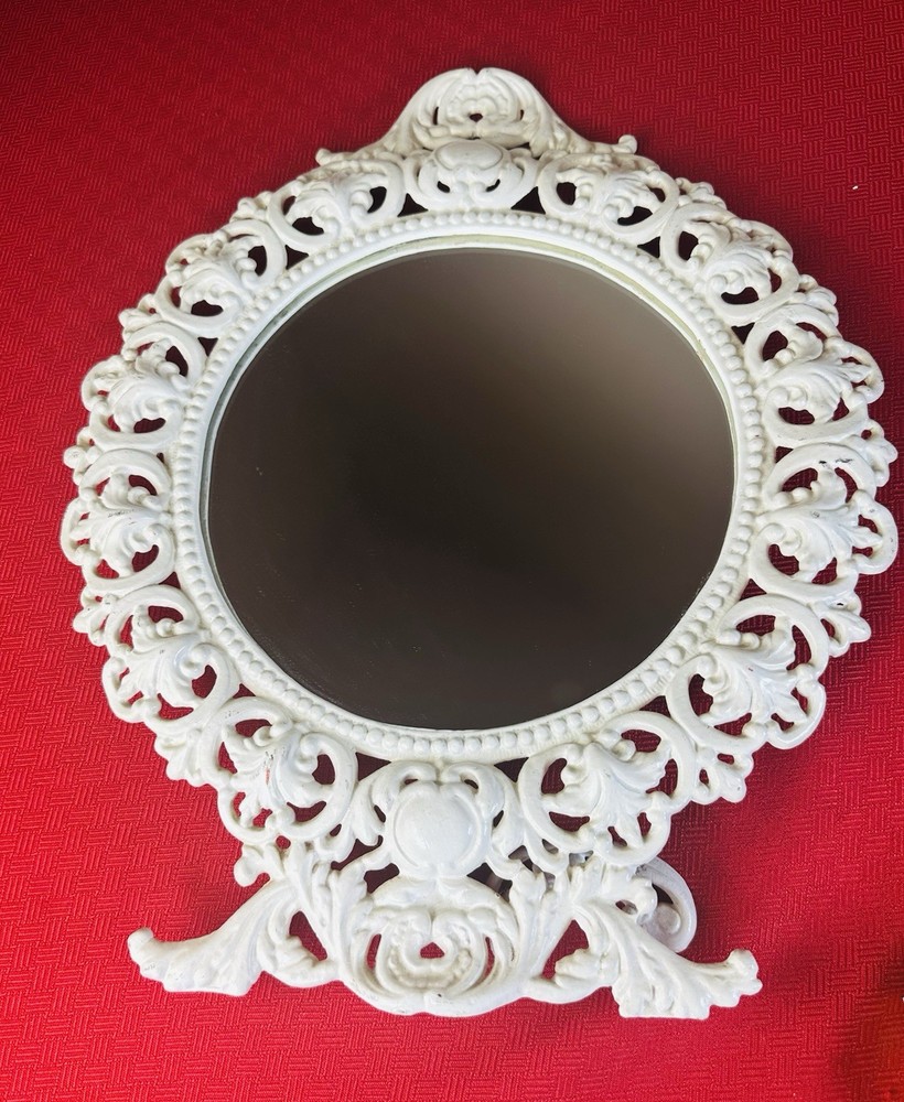 Large Ornate White Cast Iron Vanity Mirror Scroll Frame Tabletop Easel Stand
