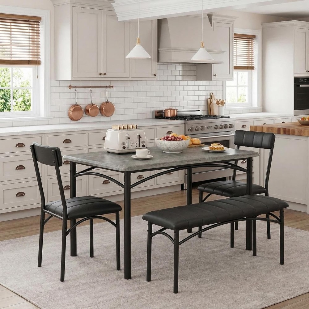 Dining Table Set 4 Kitchen Table W/ Upholstered Chairs & Bench Wood Rectangular