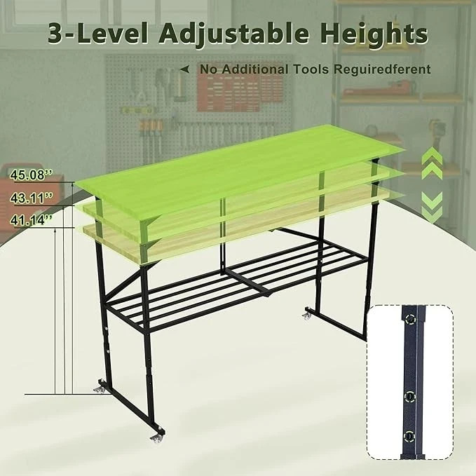65"Workbench Adjustable Height Work Table 2000LBS Load Rubber Wood Top
