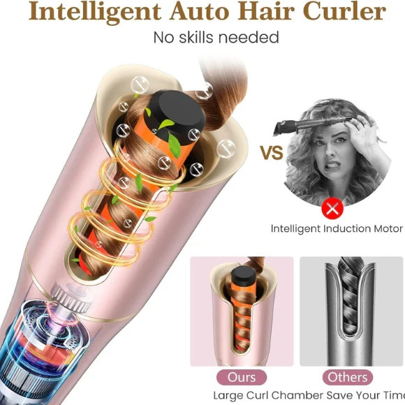 Automatic Hair Curler with LCD Display – 1” Rotating Barrel, 4 Heat Settings, 3