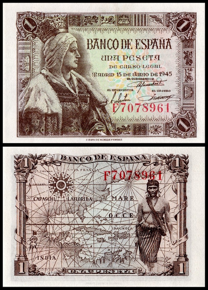 Spain 1 Peseta, 1945, P-128a, UNC