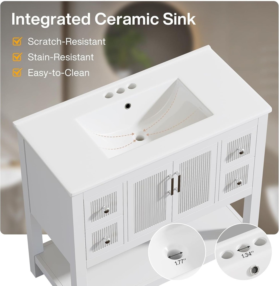 36" Modern Bathroom Vanity with Sink, Solid Wooden Freestanding Vanity Cabinet