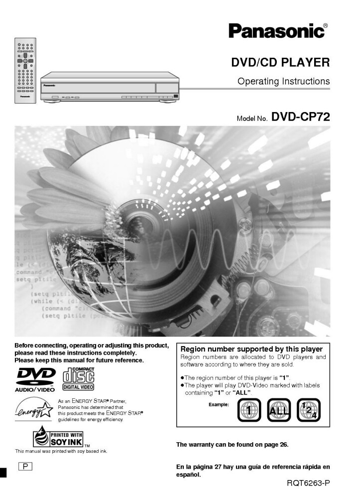 Panasonic DVD-CP72 DVD Player Owners Instruction Manual