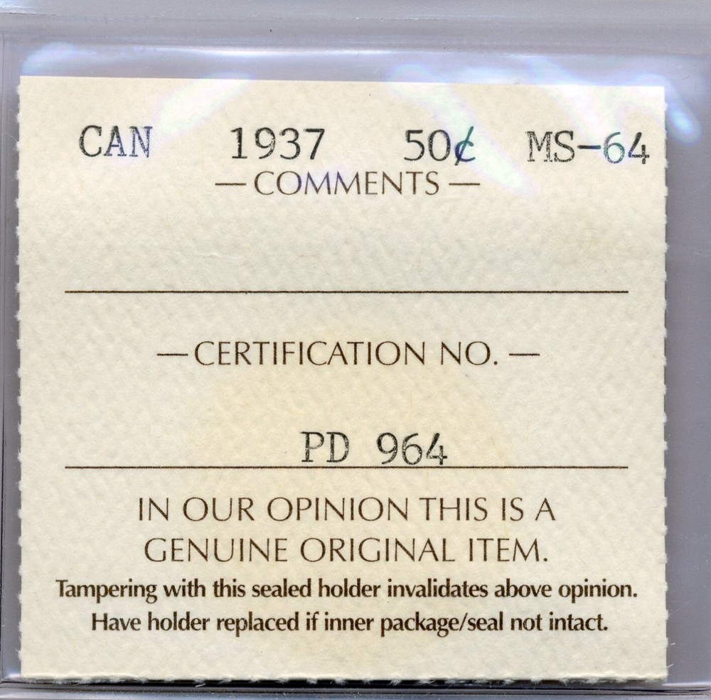 1937 Canada 50 Cents - Choice Uncirculated, ICCS MS64