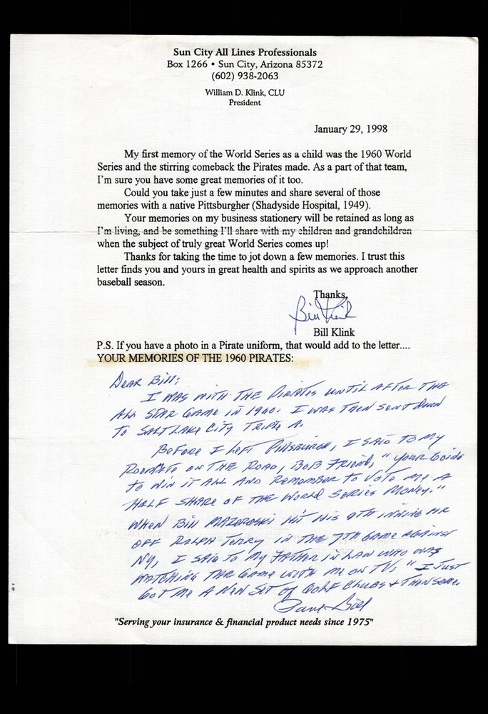 FAN LETTER RESPONSE -  RE: PITTSBURGH PIRATES 1960, BAS CERTIFIED