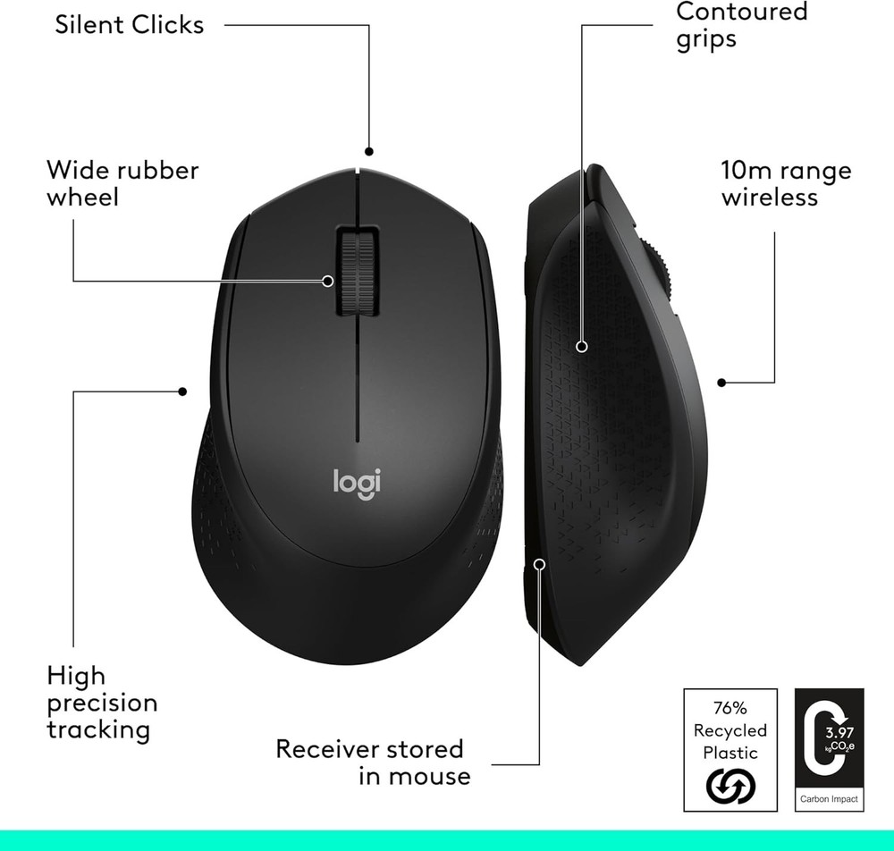 M330 Silent Wireless Mouse, 2.4GHz with USB Receiver, Optical Tracking, Quiet...