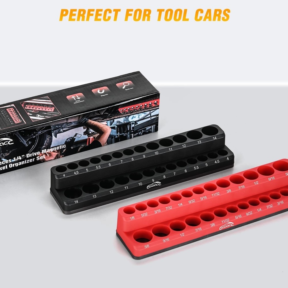 1/4" Magnetic Socket Organizer, 2 Pieces Socket Holder Metric SAE Socket Tray...